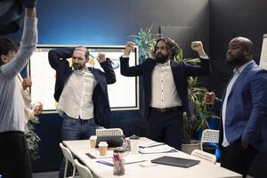 In the conference room, delighted teammates are partying and savoring their business advancement triumph. Workers are enthusiastic and fulfilled with their duty, leading to corporate expansion. photo