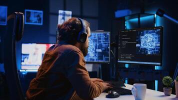Developer updating artificial intelligence neural networks, drinking coffee and listening music in personal office. IT expert enjoying hot beverage and audio podcasts while writing AI code, camera B photo