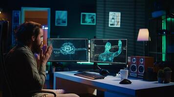 Self aware AI gaining humanoid form inside cyberspace, waving hand, saluting shocked developer. Artificial intelligence becoming sentient, greeting surprised IT admin, AI singularity concept, camera B photo