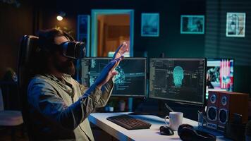 Programmer using VR headset to answer awaken AI gaining consciousness asking existential questions. Developer using virtual reality tech to chat with artificial intelligence, camera B photo