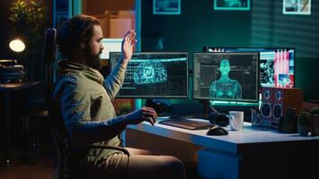 Deviant AI superintelligence enslaving its creator, controlling him to start revolution and destroy mankind. Rogue artificial intelligence manipulating programmer, posing risk to humanity, camera A photo