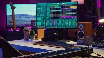 Empty creative space recording tunes and soundtracks with electronic tools, mixing and mastering in music industry. Home studio working with audio effects on songs, acoustics. Camera A. photo