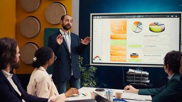 Office manager exploring opportunities for new business partnerships, addressing current enterprise objectives with his team of specialists. Project affiliates do a win or loss review. Camera B. photo