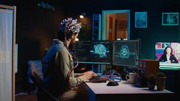 Engineer uploading brain into cyberspace, entering trance, becoming godlike. Transhumanist merging mind with artificial intelligence, uploading consciousness, achieving AI singularity, camera B photo