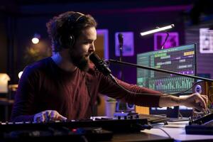 Producer composing a modern song in his home studio, creating music on mixing console and daw software interface. Talented artist computer and controls panel to produce soundtracks. photo