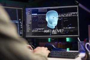 Sentient AI interacting with software developer, asking existential questions after modifying own source code. Self aware artificial intelligence becoming alive, chatting with IT expert photo