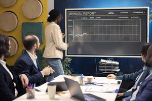 Staff team analyzing trends to help making crucial decisions to corelate with business objectives. Forecast affiliates working together to meet project deadline, reviewing organizational statistics. photo