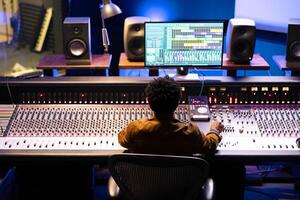 Joyful sound designer finishing a new hit song in music recording studio, working with digital audio software and console in control room. Technician producing records with soundboard panel. photo