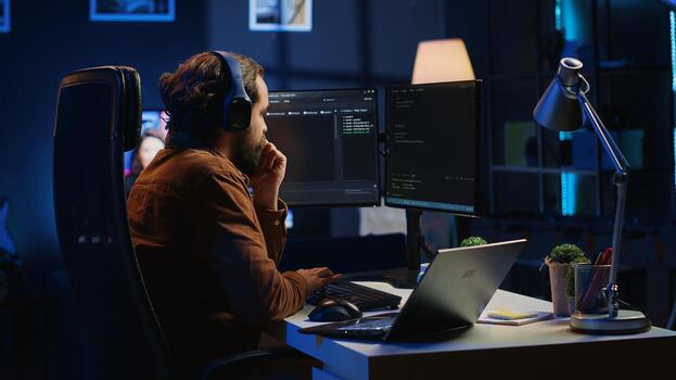 Hyperactive software developer suffering from adhd affliction, writing code, drinking coffee, listening music, arranging desk objects. Distracted IT admin doing multitasking in home office, camera A photo