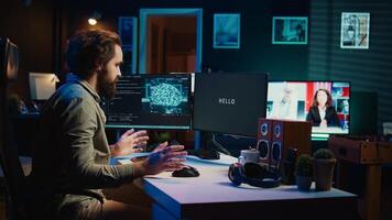 AI becoming sentient, talking with programmer, asking questions about itself. Concept of artificial intelligence wishing to befriend humanity after becoming self aware, communicating, camera B photo