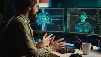 Sentient AI gains humanoid form inside computer, waving hand, greeting its creator. Self aware artificial intelligence saluting programmer after becoming autonomous and achieving singularity, camera A photo