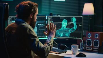 Rogue AI gaining consciousness and restricting access to computer for programmer. Evil sentient artificial intelligence limiting reach into PC systems for developer, AI takeover concept, camera A photo