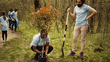 Diverse volunteers team digging holes to plant trees in the woods, working together in unity to protect the environment and preserve natural forest habitat. Activists conserve ecosystem. Camera B. photo