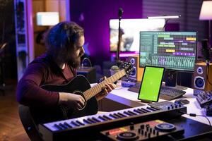 Sound engineer artist playing acoustic guitar in his home studio, recording new music with daw software on computer. Musician learns new instrument accords next to greenscreen on tablet. photo
