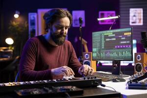 Singer playing electronic piano keyboard and recording audio files to use mix and master techniques, editing recordings to add sound effects. Musician producer operating on synthesizer tool. photo