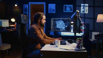 Developer updating artificial intelligence neural networks, typing on computer keyboard in neon lit personal office. Freelancing IT specialist writing AI code, training machine learning, camera B photo
