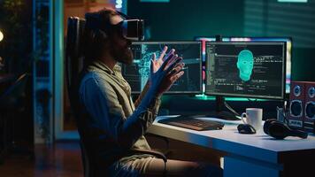 Programmer using VR headset to answer awaken AI gaining consciousness asking existential questions. Developer using virtual reality tech to chat with artificial intelligence, camera A photo