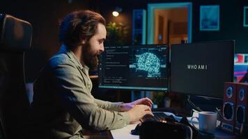 IT expert using virtual reality to make artificial intelligence become sentient, smiling after seeing self awareness signs. Man with VR glasses on happy after achieving AI superintelligence, camera B photo