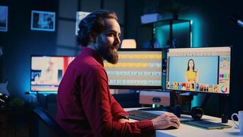 Portrait of smiling photographer creating digital portfolio to showcase work after finishing photoshoot and editing images. Happy photo editor selecting best photographs to promote himself
