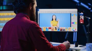 Photographer using selfie smartphone camera to film content for internet streaming platforms, discussing about image retouching software with viewers, presenting photography tips photo