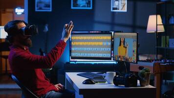 Photo editor using VR headset to color correct photographs in high tech creative studio. Photographer selecting best pictures for editorial content with futuristic virtual reality technology