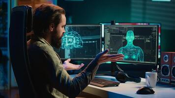 Self aware AI gaining anthropomorphic form inside cyberspace, waving hand, saluting programmer. Artificial intelligence becoming sentient, greeting computer scientist, camera A photo