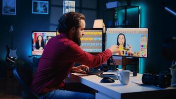 Photographer filming online tutorial for niche audience on how to use photo editing software, teaching how to navigate menus, recording with professional camera in apartment studio