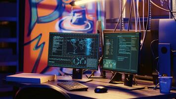 High tech computer system in hidden underground base used for international espionage. PC equipment used for intercepting soundwaves in empty hideout with graffiti painted walls photo