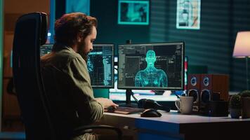Developer inserting disk into PC containing conscient AI waving hand, saluting creator. IT admin placing cartridge in computer, awakening self aware artificial intelligence, camera A photo