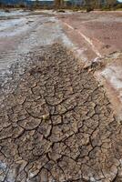 Cracked red clay and white salt on the surface in a dried riverbed in the desert of New Mexico, USA photo