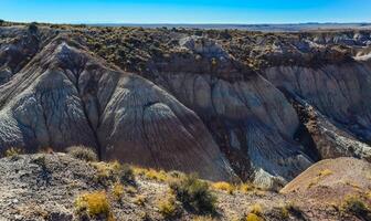 The Painted Desert on a sunny day. Diverse sedimentary rocks and clay washed out by water. Petrified Forest National Park, USA, Arizona photo