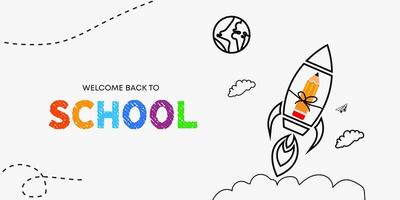 Back to School with rocket pencil launching to space. learning and tutorials Web page template vector