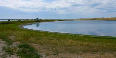 Shallow bay of the Tiligulsky estuary with wild salt-tolerant vegetation on the shore, Ukraine photo