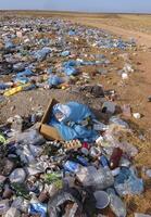 UKRAINE, CRIMEA - AUGUST 10, 2007 Pollution of the steppe nature with plastic household waste photo