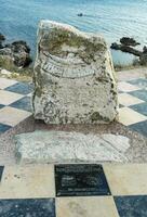 KRIMEA, UKRAINE - AUGUST 10, 2008 a memorial sign on the seashore in honor of the first underwater house in the USSR on Tarkhankut, Crimea photo