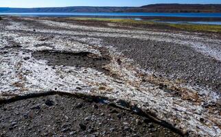 Dried shallow pond and muddy bottom covered with a layer of dry algae, Tiligul estuary, Ukraine photo
