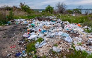 Heaps of plastic trash on the shore of the reservoir. Ecology of nature photo