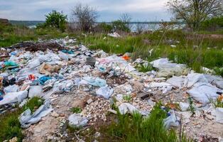 Heaps of plastic trash on the shore of the reservoir. Ecology of nature photo