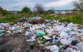 Heaps of plastic trash on the shore of the reservoir. Ecology of nature photo