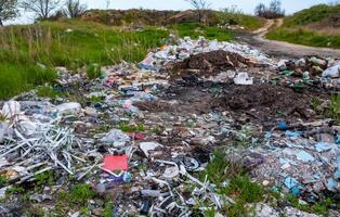 Heaps of plastic trash on the shore of the reservoir. Ecology of nature photo