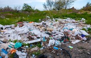 Heaps of plastic trash on the shore of the reservoir. Ecology of nature photo