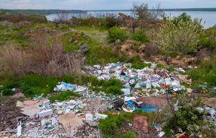 Heaps of plastic trash on the shore of the reservoir. Ecology of nature photo