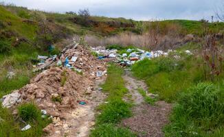 Heaps of plastic trash on the shore of the reservoir. Ecology of nature photo