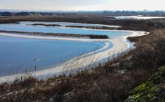 Frozen water, patterns of snow in small lakes. Tiligul estuary, Ukraine photo