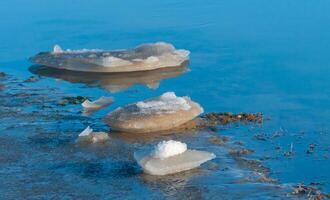 Blocks of ice near the shore in the lower reaches of the Tiligul estuary on a sunny day, Ukraine photo