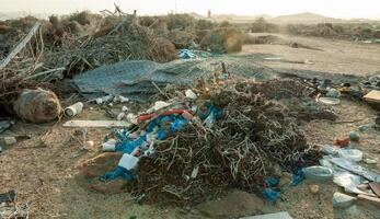 Plastic bottles and various garbage from hotels in the wild, Garbage dump in the desert in Egypt photo