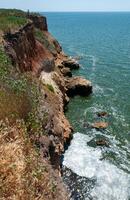 Steep clayey and shell rock shore overgrown with wild steppe vegetation on the island of Berezan, Ukraine photo