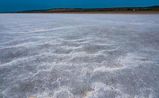 Self-precipitating table salt sodium chloride on the surface of a dried-up reservoir - Kuyalnik estuary, Odessa region, Ukraine photo