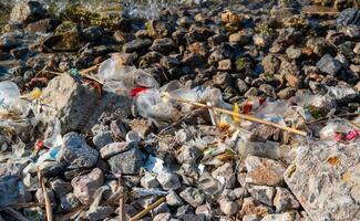 Plastic garbage and microplastics on the shore of Khadzhibey Estuary photo