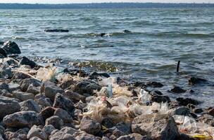 Plastic garbage and microplastics on the shore of Khadzhibey Estuary photo